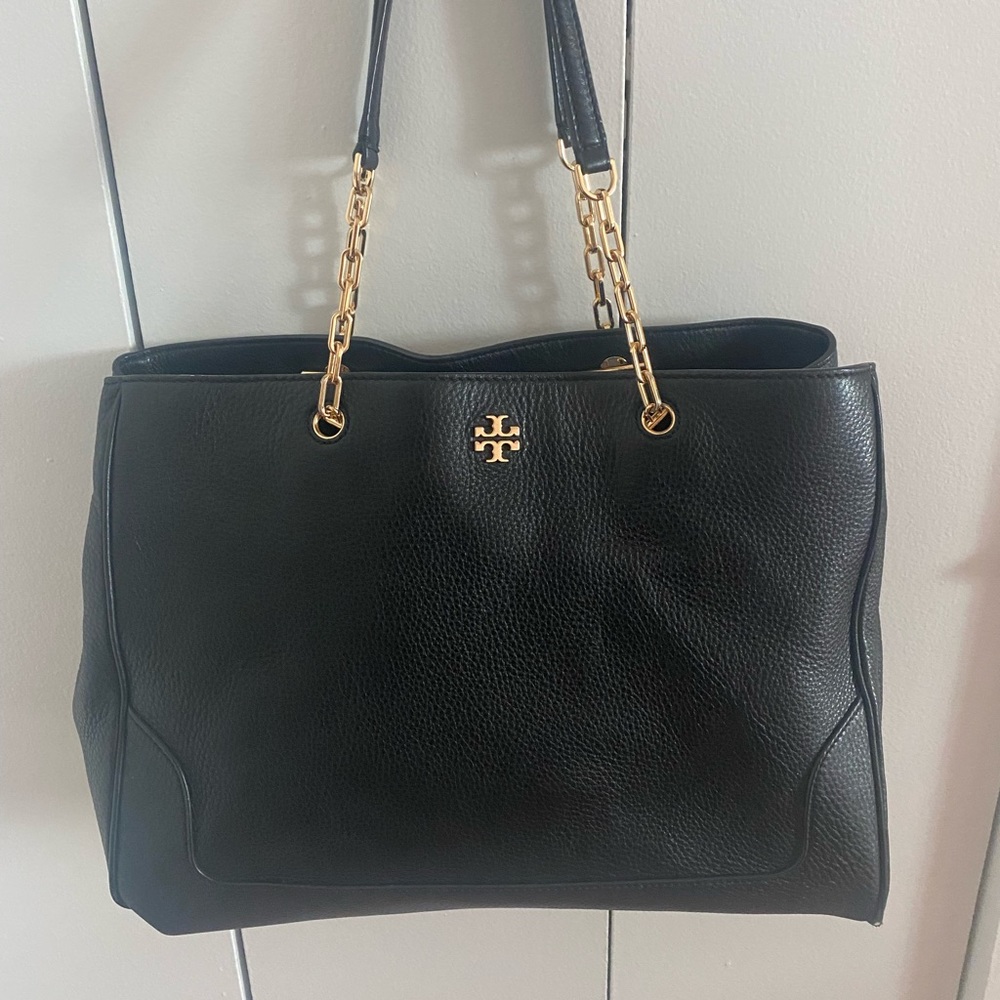 Tory Burch Black Leather Handbag/Tote with Gold Hardware